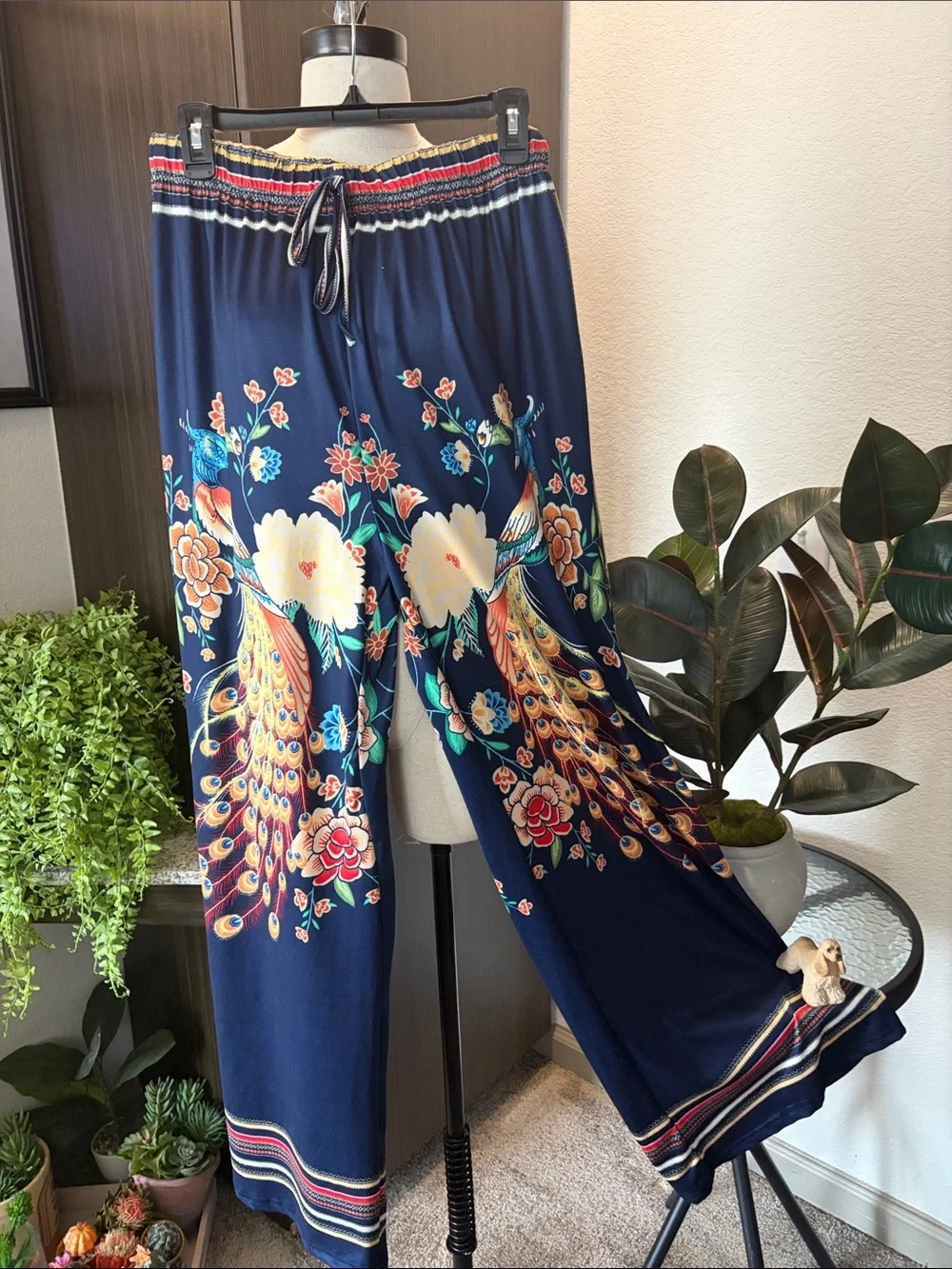 Navy Peacock-Print Curtain Panel with Floral Accents